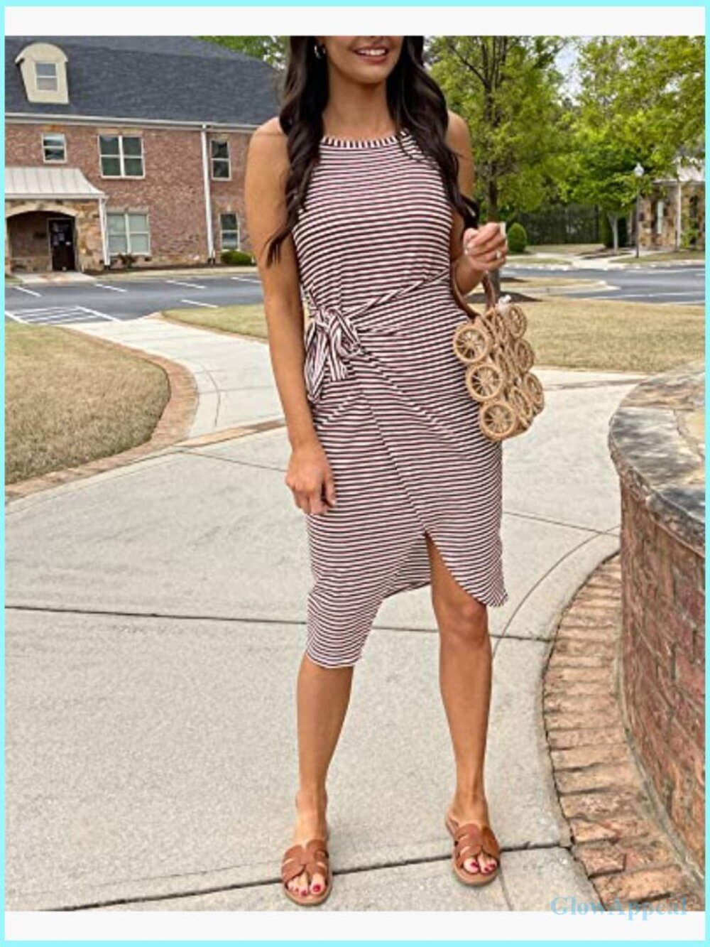 Sleeveless Striped Ruched Bodycon Midi Dress Tie Waist Summer Casual - Picture 2 of 7